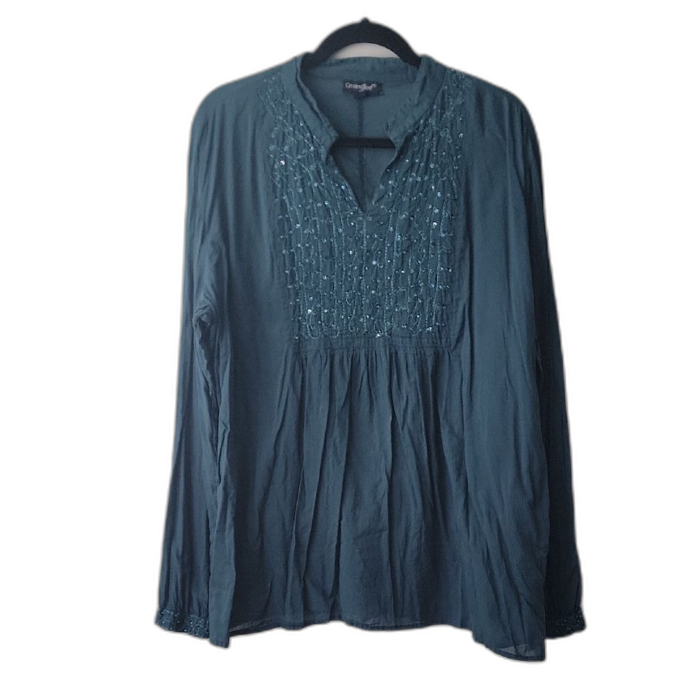 Greater Good Long Sleeve Embroidered Blouse Blue Green Size XXL Boho